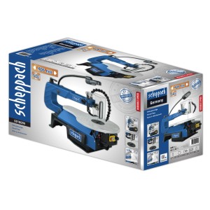 Confezione del seghetto alternativo Scheppach SD1600V, blu. Ideale per curve e contorni fini.