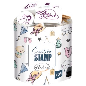Aladine Stempel-Set Geburt, 36 Stk. mit Baby-Motiven wie Storch, Schnuller und Wolken im transparenten Behälter.