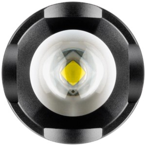Gros plan de la lampe de poche LED Goobay High Bright 300, aluminium, noire, 300 lumens.