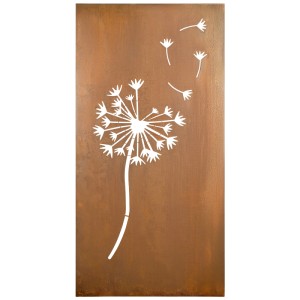 Paravent Nouvel Vento en métal couleur rouille avec motif pissenlit pour une intimité décorative.