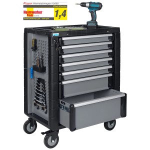 Chariot à outils gris clair avec 7 tiroirs, un ouvert, outils sur le côté et visseuse sans fil sur le dessus.