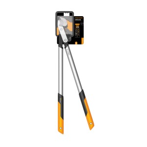 Cesoie a battente con ingranaggi Fiskars LX99-L, cesoie da giardino a manico lungo con dettagli arancioni.