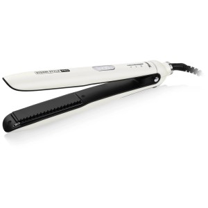 Lisseur vapeur Trisa Steam Style Pro blanc et noir, ouvert.