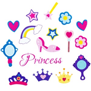 Bunte selbstklebende Moosgummi-Sticker Prinzessin: Kronen, Zauberstäbe, Spiegel, Herzen, Sterne, Regenbogen, Blumen.