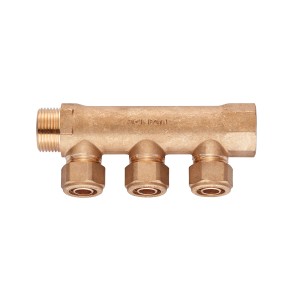 Collecteur Diaqua PEX avec 3 sorties (3/4 pouce) en laiton pour tubes multicouches.