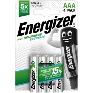 Piles rechargeables Energizer AAA Recharge Extreme NiMH, lot de 4, 800 mAh.