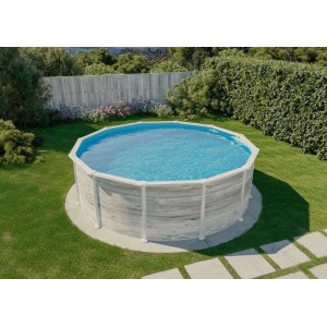 Piscine ronde Poolcrew Lolland à paroi en acier Ø 550 cm avec liner gris et paroi en acier aspect bois.