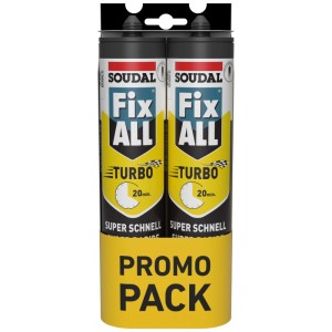 Doppia confezione di adesivo di montaggio Soudal Fix All Turbo Duo, bianco, per applicazioni di incollaggio rapido.