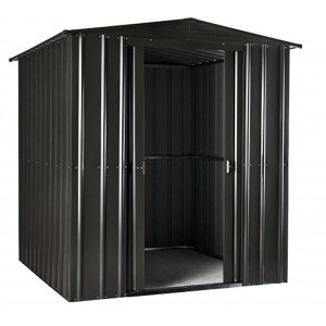 Abri de jardin en métal Globel Gartenmanager Dream 65 anthracite, abri avec porte ouverte.