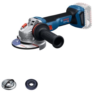 Bosch Professional Akku-Winkelschleifer GWS 18V-11 Solo mit Zusatzhandgriff und Zubehör.