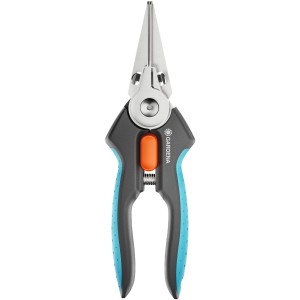 Sécateur Gardena GripCut avec fonction de préhension, lames en acier inoxydable et poignées bleu-gris.