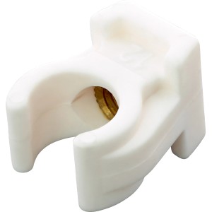 Clip per tubo bianco in plastica Ø 12 mm con filetto M6 per fissaggio tubi.