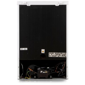 Vista posteriore del congelatore Domo DO91135F bianco (80 l) con compressore a vista.
