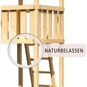 Détail de la tour de jeux Karibu Lotti avec échelle et bois naturel.