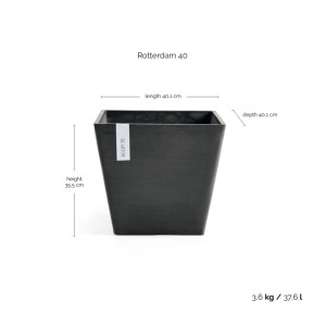Vaso per piante quadrato Ecopots Rotterdam grigio scuro, 40 cm, ideale per interni ed esterni.