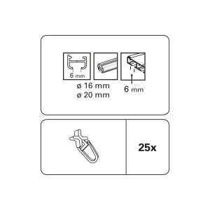 Gardinia X-Joint Glider, confezione da 25, dettagli su dimensioni e montaggio.