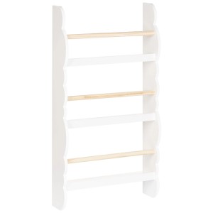 Étagère murale Rigolet blanche pour enfants en MDF/bois de pin avec 3 niveaux, côtés incurvés et barres en bois.