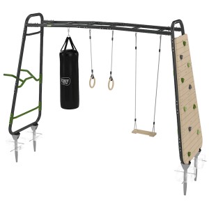 Exit Monkeybar GetSet MB320 torre gioco con sacco da boxe, parete da arrampicata, altalena e anelli da ginnastica.
