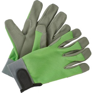 Guanti da giardino verde-grigi taglia 8 con velcro per una vestibilità ottimale.