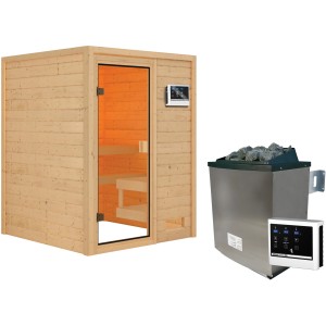 Sauna Woodfeeling Sandra con stufa e porta in vetro. Sauna in legno massello con controllo esterno.