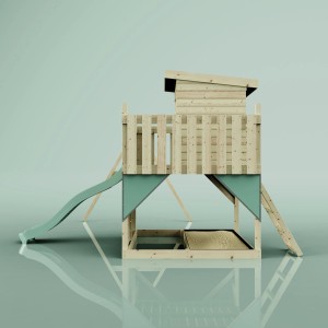 Tour de jeu PolarPlay Björn avec balançoire et toboggan, vert menthe. Tour de jeu en bois pour enfants.