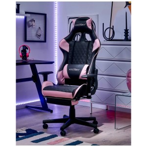 Sedia da gaming Beliani Victory, nera e rosa, con poggiapiedi e schienale regolabile.