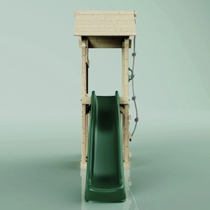 Torre gioco PolarPlay Lillehammer con scivolo verde e corda da arrampicata, vista frontale.