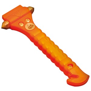 Martello di emergenza LifeHammer arancione con taglia cinture e punta rinforzata per assistenza stradale.