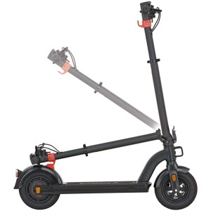 Zusammengeklappter Prophete E-Scooter Urbanicer 10 in Schwarz, ideal für den Transport.