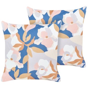 Zwei Beliani Verezzi Gartenkissen, 45x45 cm, mit floralem Muster in Blau, Weiß, Rosa. Aus Polyester, wasserabweisend, UV-beständig.