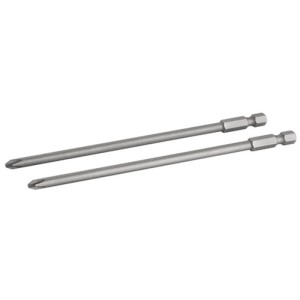 Zwei lange, silberne Metabo idriv PZ2 Schrauberbits, 146 mm, mit Pozidriv-Spitze und Sechskantschaft.