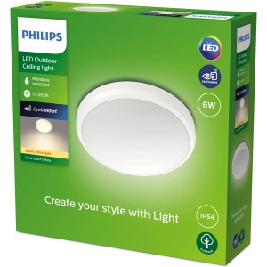 Emballage du plafonnier LED Philips Doris, 6W, blanc chaud, pour usage extérieur.
