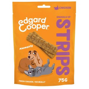 Edgard & Cooper Snuggle Up Chicken Strips snack per cani, confezione da 75g. Snack masticabili per cani al pollo.