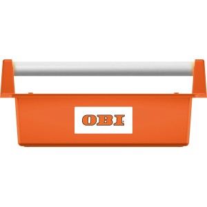 Porte-outils OBI orange en plastique avec poignée argentée.