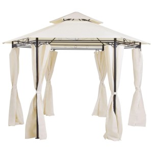 Gazebo Beliani Portel beige con struttura in acciaio nero e tende.