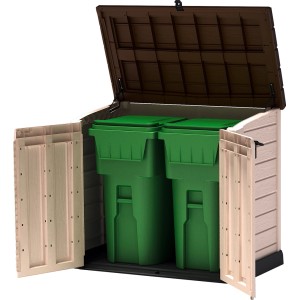 Box per bidoni Keter Store It Out Max aperta, marrone-beige, con due bidoni verdi.