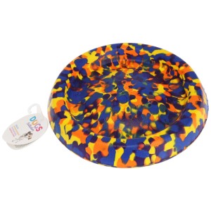 Hundespielzeug Wurfscheibe aus Textil, Camouflage-Muster in Gelb, Blau und Orange, Ø 21 cm.