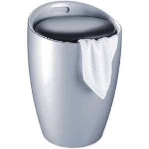 Tabouret de bain argenté Wenko Candy avec sac à linge et serviette. Tabouret en plastique avec couvercle.