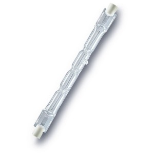 Osram R7S Halogenlampe Brennstab, dimmbar, 48W, 700lm, 78mm. Klares Glas, weiße Enden für warmweißes Licht.