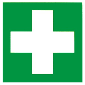 Panneau Alpertec Premiers secours : Panneau vert avec croix blanche.