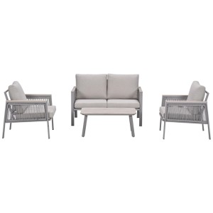Set lounge 4 pezzi Garden Impressions Preci con struttura in alluminio, dettagli in Vironwood e cuscini color tortora.