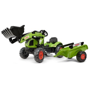 Trattore Falk Claas con rimorchio e caricatore frontale, verde, per bambini dai 2 ai 5 anni.