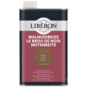 Dunkelbraune Walnussbeize im 500 ml Behälter für rustikale Holzmöbel.