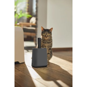 Pelle Rotho Biala avec support anthracite, placée à côté d'un chat.