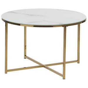 Table basse ronde Quincy effet marbre avec structure en acier inoxydable doré.