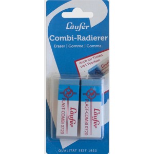 Zwei Läufer Combi-Radierer Plast-Combi 0720 in Blisterverpackung. Blau-weiße Radiergummis für Bleistift, Tinte, Tusche.