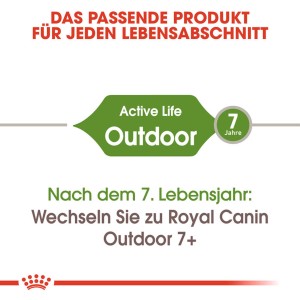 Royal Canin Outdoor cibo per gatti: logo Active Life Outdoor per gatti dai 7 anni in su.