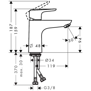 Disegno tecnico: Miscelatore lavabo Hansgrohe Ecos L CoolStart, cromo, con dimensioni.