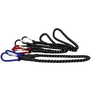 Kit de tendeurs de bagages Unitec, 3 pièces, avec mousquetons en noir, rouge et bleu.