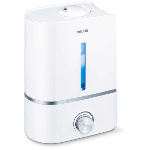 Humidificateur Beurer LB 45 blanc avec indicateur de niveau d'eau bleu et molette de réglage chromée.